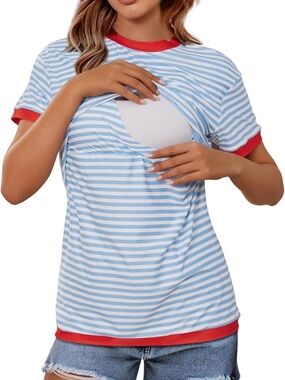 🩵 Nursing Top | Light Blue & White Striped with Red Trim